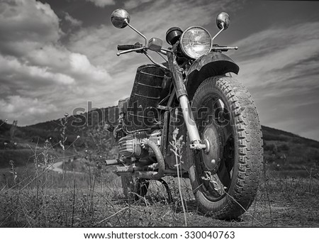 Crimea,Russia - 2015 August 08 :  photo of motorbike on bike show parked beside the road under clear sky. August  08, 2015 in Crimea, Russia