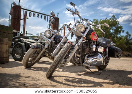 Crimea,Russia - 2015 August 22 :  photo of motorbike on bike show parked beside the road under clear sky. August  22, 2015 in Crimea, Russia