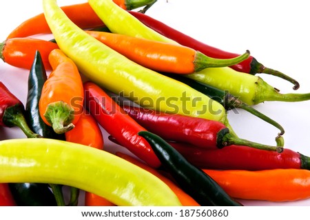 Mixed Variety Color of Hot Chili Peppers, Red,Green,Orange isolated on white background.