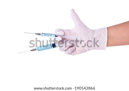 Doctor Hand Holding Syringe Size 3 and 5 ML of Blue Medicine Vaccine for Cure the Disease sickness ill Concept Idea isolated on white background.