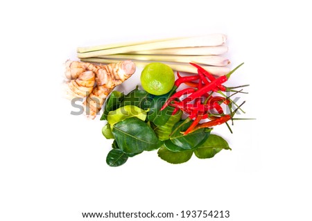 Ingredients For Cooking 'Tom Yum' Dish Chili Hot Spicy Soup Thai Popular Famous Food isolated on white background.