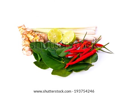 Ingredients For Cooking \'Tom Yum\' Dish Chili Hot Spicy Soup Thai Popular Famous Food isolated on white background.
