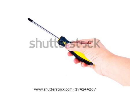 Human Worker Hand Holding Picking Showing Use Metal Screw Driver Yellow and Black Work Tool isolated on white background.