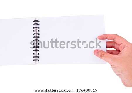 Human Hand Reading Blank Paper Notebook / concept and idea, write down your text here, isolated on white for background and texture.
