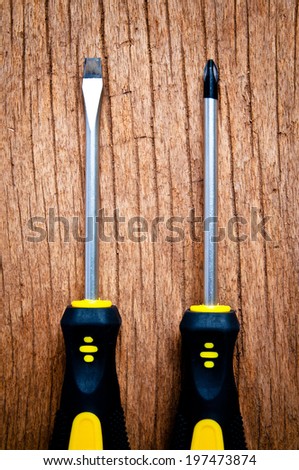 Metal Screw Driver Yellow and Black Work Tool on Wood Table background, Rustic Style.