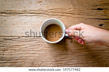 Hand Holding to Drinking Coffee White Mug (Simple Minimal) on Wood Table Background, Rustic Style.