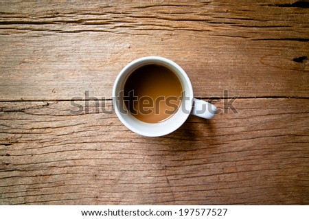 Coffee White Mug (Simple Minimal) on Wood Table Background, Rustic Style.