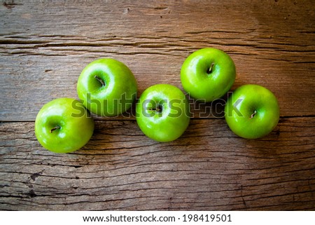 Fresh Green Granny Smith Apple On Wood Table Background, Rustic Style.