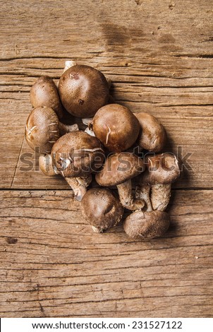 Group of Fresh Harvest Mushroom on Wood Table Background, Concept and Idea of Food Cook Rustic Still life Style. Vertical.