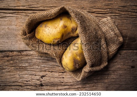 Fresh Potato with Vintage Burlap Bag on Wood Table Background, Concept and Idea of Food Cook Rustic Still life Style.