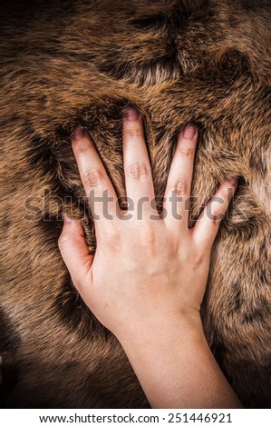 Hand Touching Fur (Dark Brown, Wolf Fox) Animal Mountain Wildlife / Concept of Hunting, Anti Fur and Wearing or for Background, textures and wallpaper, poster close up full frame.