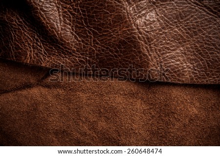 Dark Brown Leather and Suede for Concept and Idea Style of Fine Leather Crafting, Handcrafts Workspace, Handmade Leather Handcrafted, Leather Worker. Background Textured and Wallpaper. Vintage Rustic.