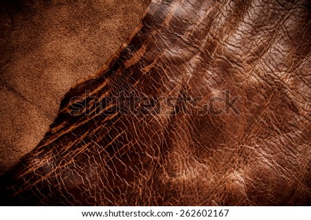 Brown Leather and Natural Edge for Concept and Idea Style of Fine Leather Crafting, Handcrafts Workspace, Handmade or Handcrafted Leather Worker. Background Textured and Wallpaper. Vintage Rustic.