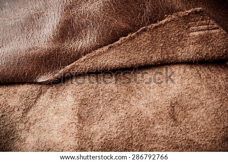 Faded Brown Leather Cut for Concept and Idea Style of Fine Leather Crafting, Handcrafts Workspace, Handmade or Handcrafted Leather Worker. Background Textured and Wallpaper. Vintage Rustic.