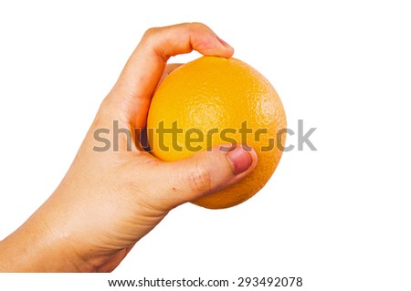 Orange, Fresh Organic Harvest with Hand Holding (Choose, Use, Select), Ready to Squeeze and Eat. Isolated on White Background.