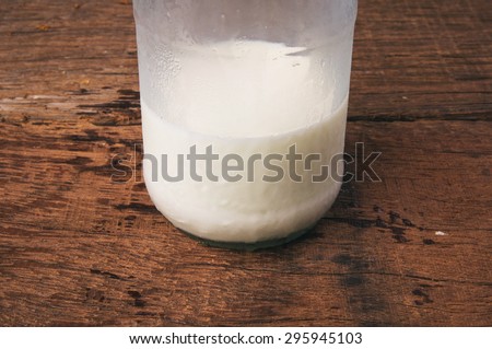 Fresh Milk Glasses Bottle Opened and Drink, Organic Dairy Produce, Concept and Idea of Breakfast on Wood Table Background, Country Rustic Still Life Style.