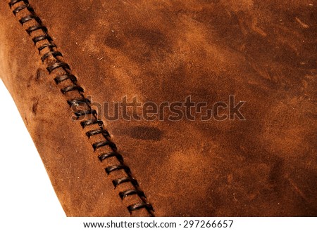 Leather Handmade Stitch (Brown Tan). Handcrafted Leather, Hand Sewing and Stitching. Rustic Style. Isolated on White Background.