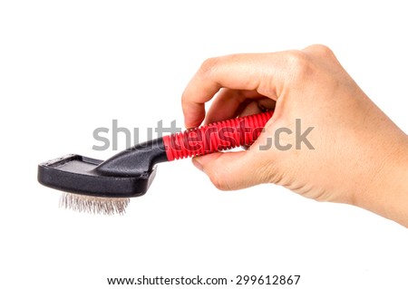 Brush, Pet Grooming Brush, Wire Comb for Dog, Cat, Rabbit or Others Pet. Hand Holding to Used with Hair, Fur. Isolated on White Background.