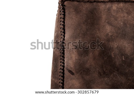 Leather Handmade Stitch, Making of Bag Design (Dark Brown). Handcrafted Leather, Hand Sewing and Stitching. Rustic Style. Isolated on White Background.