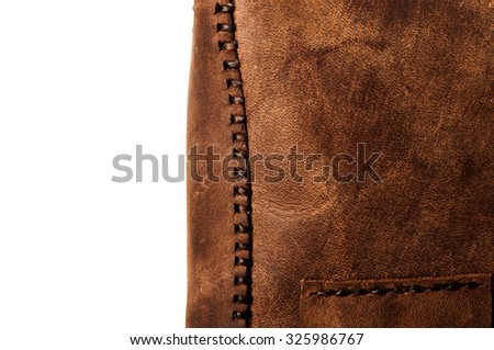 Leather Handmade Stitch, Making of Bag Design (Brown). Handcrafted Leather, Hand Sewing and Stitching. Rustic Style. Isolated on White Background.