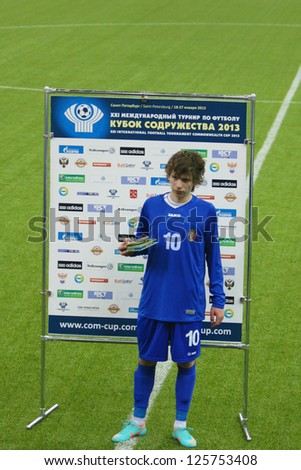 ST.PETERSBURG - JANUARY 22: Forward of Moldova U-21 Eugen Cociuc was selected as the best player in the match of CIS Cup vs Lithuania U-21, 0:2 on January 22, 2013 in St.Petersburg, Russia.
