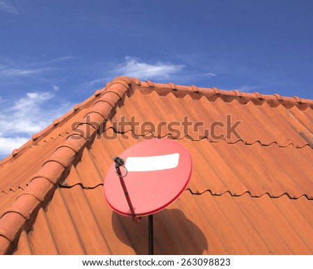 The satellite dish on roof of the house