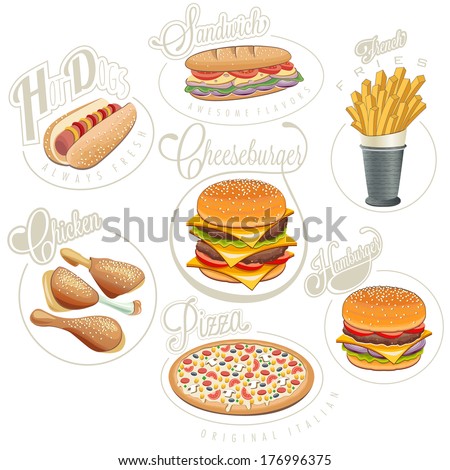 Retro Vintage Style Fast Food Designs. Set Of Calligraphic Titles And Symbols For Foods. Pizza, Sandwich, Hot Dog, French Fries, Hamburger, Cheeseburger And Drumstick Realistic Illustrations.
