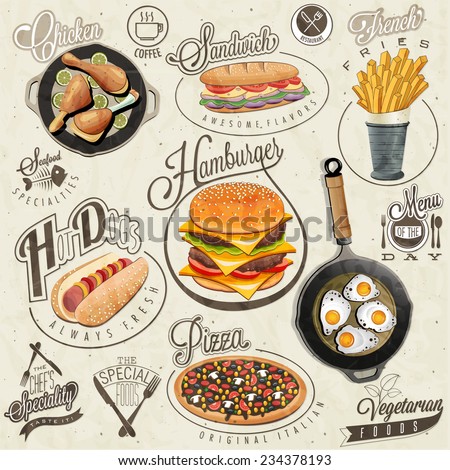 Retro vintage style fast food designs. Set of Calligraphic titles and symbols for foods. Pizza, Sandwich, Hot Dog, French Fries, Hamburger, Cheeseburger and Drumstick realistic illustrations.