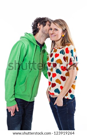 Couple expressing their love, but man is holding fingers crossed