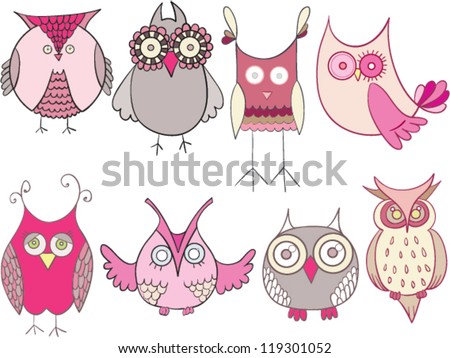 owls drawing set pink - stock vector