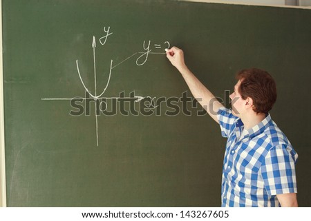 Student writes on a blackboard