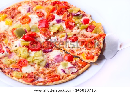 Vegetable pizza over white