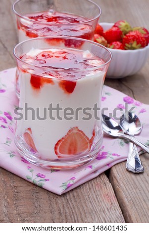 Dairy dessert with strawberries and topping jam
