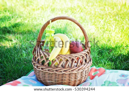 Picnic basket with fruits on lawn