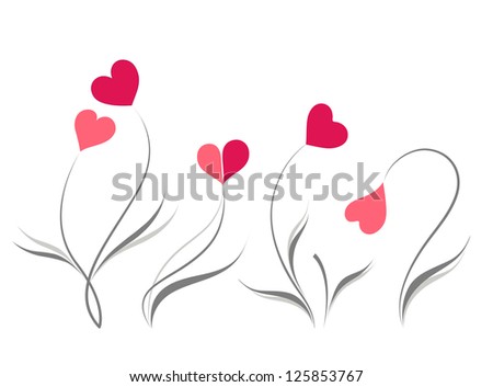 Beautiful vector flowers for Valentine Day. Red hearts with grey leafs on a white background. Romantic emotions: love, miss, sad,  jealousy.