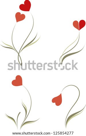 vector flowers for Valentine Day. Red hearts with leafs on a white background. Romantic emotions: love, miss, sad.