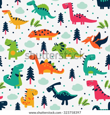 Adorable seamless pattern with funny dinosaurs in cartoon. Ideal for cards, invitations, party, banners, kindergarten, baby shower, preschool and children room decoration