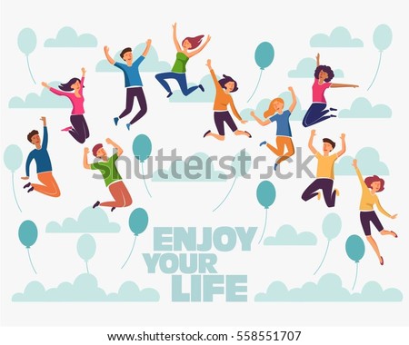 Group of young people jumping on white background with copy space. Stylish modern vector illustration with happy male and female teenagers Party, sport, dance and friendship team concept