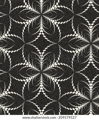 Abstract seamless monochrome pattern in retro style with six petals flower structure. Retro decoration with gothic motive, sepia tone and speckled texture. Visual effect of old worn down background.