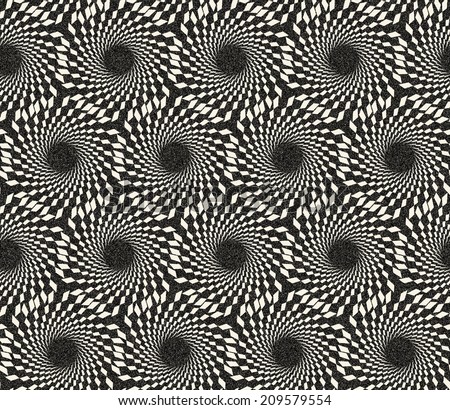 Abstract seamless monochrome pattern in retro style with swirl structure. Retro decoration with gothic motive, sepia tone and speckled texture. Visual effect of old worn down background.