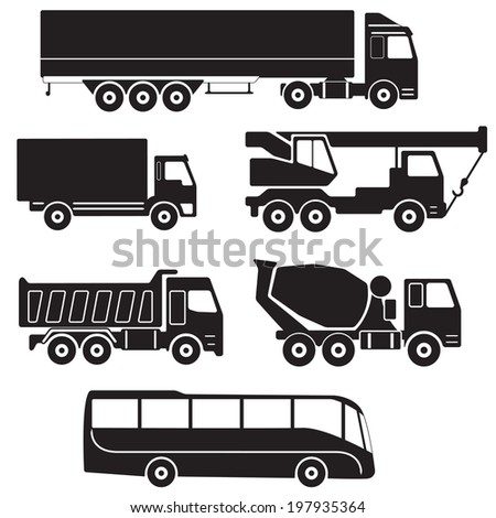Truck icons set. Vector collection of vehicles:  Concrete mixer truck, Truck crane, Dump truck, Truck with cargo container, Lorry and Bus.