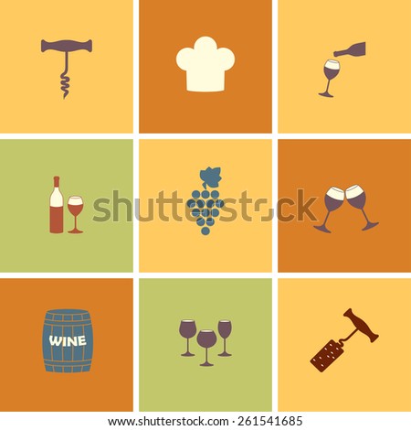 Wine icons set: bottle, opener, glass, grape, barrel. Design for restaurant, food and drink.