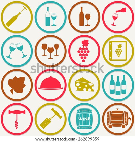 Wine icons set. Design elements for restaurant, food and drink. Colorful vector illustration.