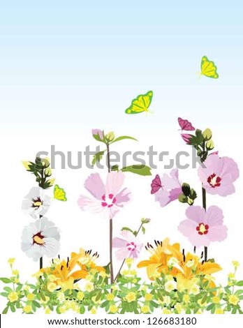 The rose of Sharon which is national flower of Korea with other flowers and butterflies on the garden background