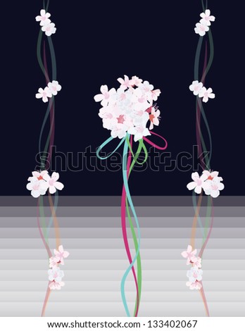 white flowers with colorful ribbons  on the blue background