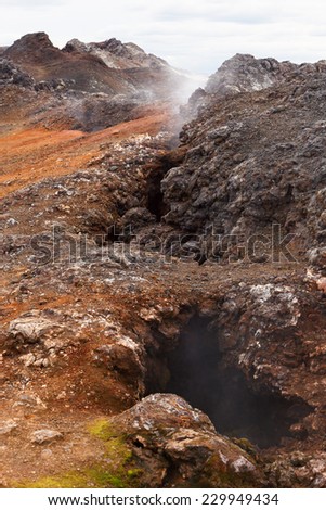 Fumaroles in lava fields Leirhnjukur volcano, Iceland. It is located in the northeast at Lake Myvatn and is part of the Krafla volcanic system