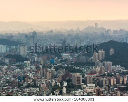 A sunset view of Taipei urban sprawl, the capital city of Taiwan