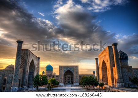 The Registan was the heart of the ancient city of Samarkand in Uzbekistan and one of the main stop on the silk road from China to Europe