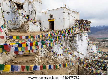 TIbetan Prayer flag in Tsemo castle in Leh, a buddhist area in  Ladakh, India