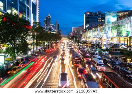Bangkok, Thailand - August 9 2014: Cars stuck in heavy traffic during the evening rush hours in Pratumwan district of Bangkok.
